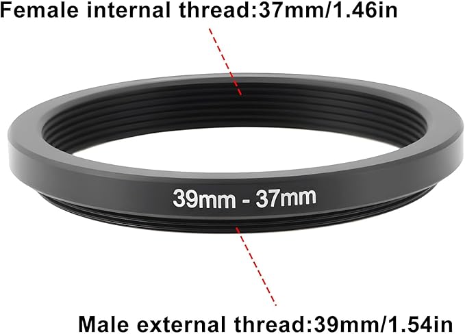 39mm to 37mm Step-Down Filter Adapter Ring Metal Threaded Lens Converter for Filters and Accessories
