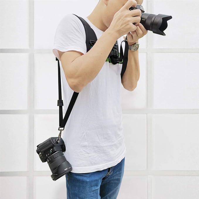 PULUZ Dual Camera Shoulder Harness Quick Release Double Camera Tether Strap Soft Pad Decompression Strap Belt With 1/4 inch Screw for DSLR SLR Cameras