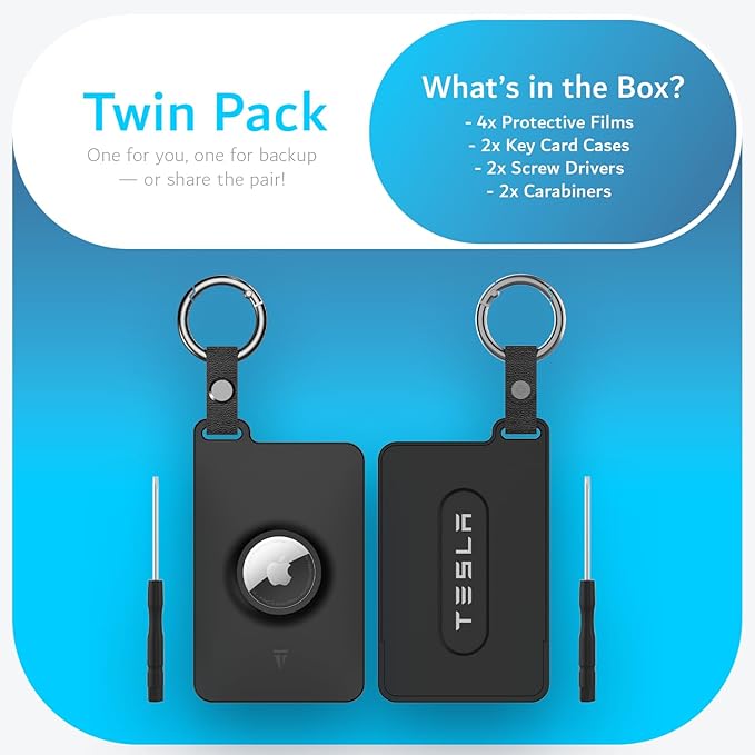 TUDIA Card Holder Case Designed for Tesla Key Card with Airtag Slot - [2 Pack] KeyCard cover for Model 3 Y S X Cybertruck with Carabiner & Scratch-Resistant Protective Card Film