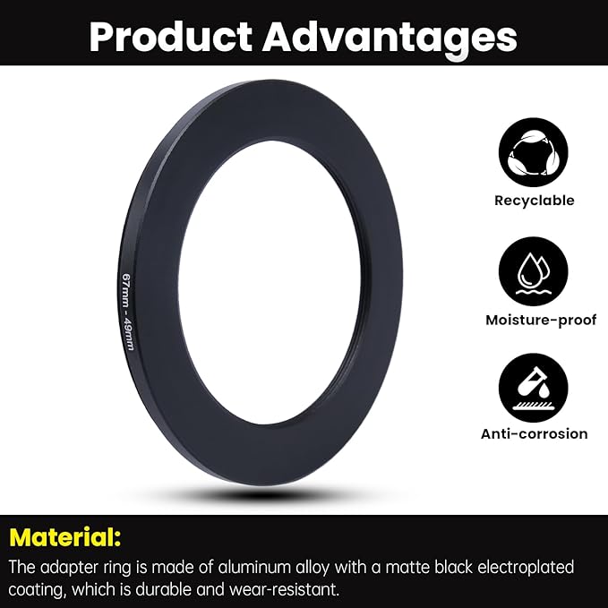Metal Step Down Ring Filter Adapter - 67mm to 49mm - Metal Ring Step Down Rings Adapter Filter Compatible with All 49mm UV, CPL, ND, Lens Hood, Threaded Lens ect