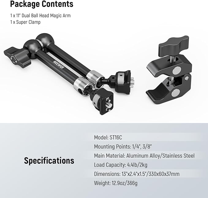 Neewer 11" Articulating Magic Arm Clamp Mount with Super Clamp, Camera Monitor Mount with 1/4" 3/8" ARRI Locating Pins & Holes for DSLR Action Camera Video Light Compatible with SmallRig Cage, ST16C