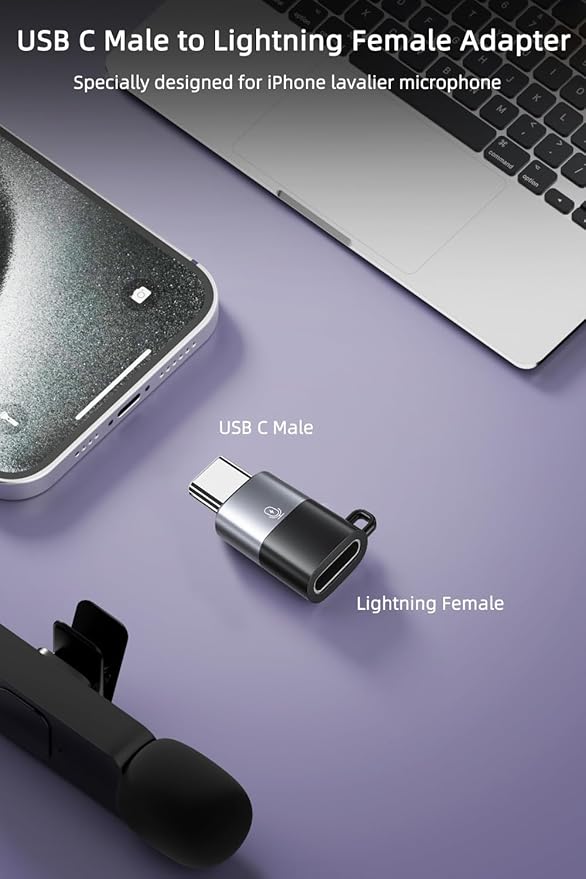 AreMe 2 Pack USB C to Lavalier Microphone Adapter, Type C Male Converter for iPhone Wireless Lavalier Microphone, iPhone 16/15 Series, iPad Air/Pro, Not for Headphone and Data (Black+Grey)