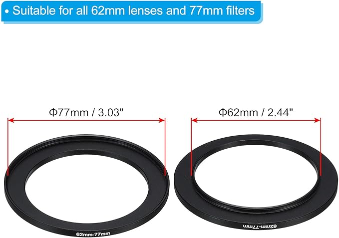 PATIKIL 62mm-77mm Metal Step Up Ring with Cleaning Cloth, 2 Pack Camera Lens Filter Adapter Ring Aluminum Filter Adapter Ring for Camera Lenses Hood, Black