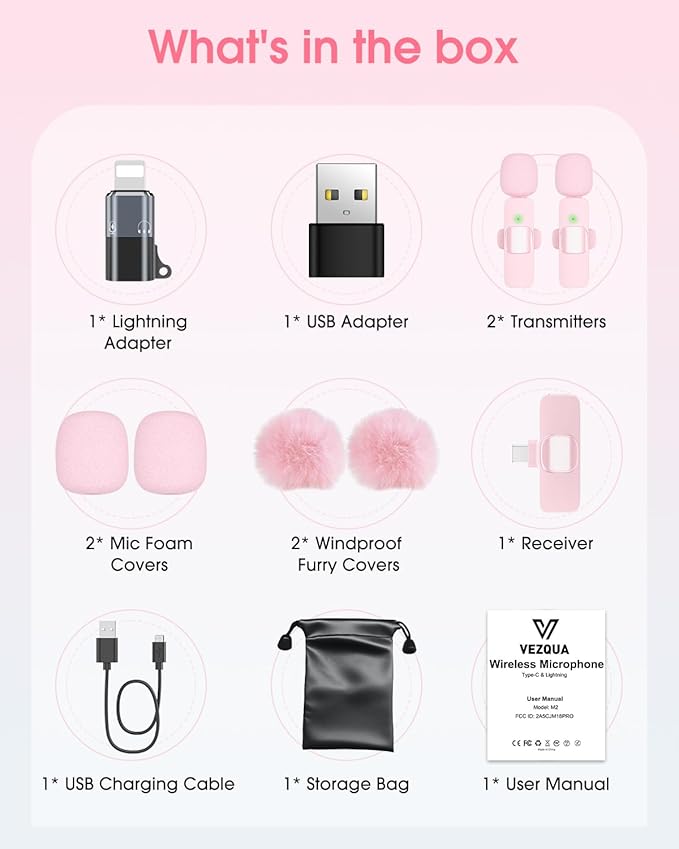 Mini Wireless Lavalier Microphone for iPhone 16/15/14/Android, Lapel Mic with Noise Reduction, 12H, 65ft, Pink Tiny Microphone Content Creator Interview for Vlog YouTube TikTok Recording (Pink)