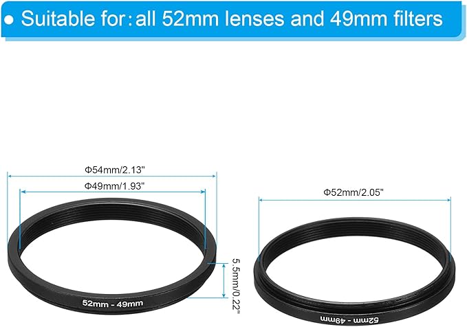 PATIKIL 52mm-49mm Metal Step Down Ring, Camera Lens Filter Adapter Ring Aluminum Filter Adapter Ring for Camera Lenses Hood, Black