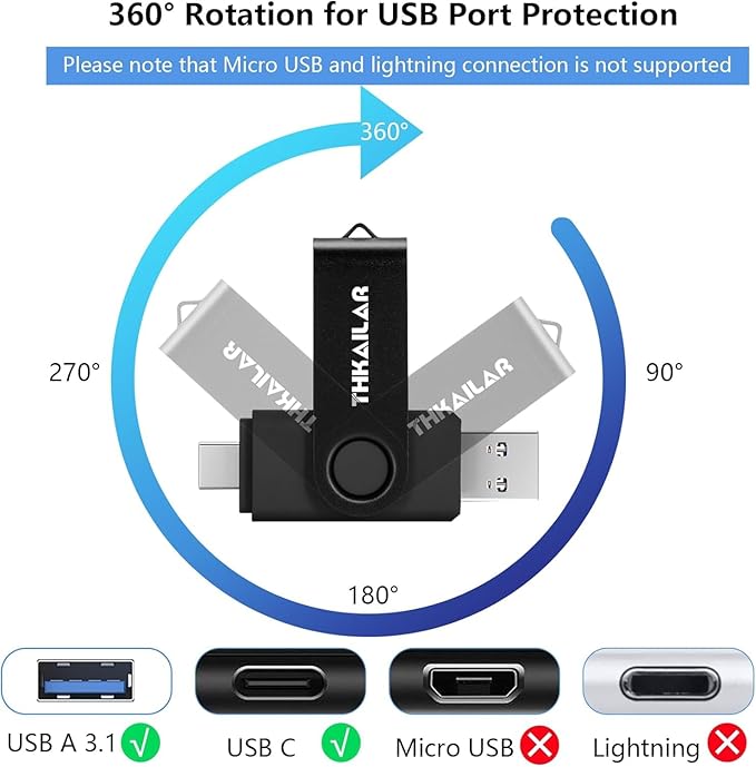 Thkailar 256GB USB 3.1 Flash Drive-2 in 1 USB C Flash Drive Compatible with Android Phone PC Galaxy Mac Pro Laptops PC High Speed Data Transfer(Black)