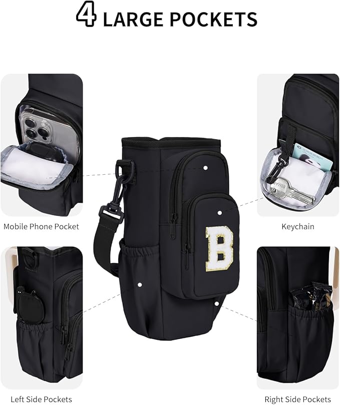 sportsnew Birthday Gifts for Women Personalized Initial Water Bottle Holder with Strap fits most 40oz Tumbler with Handle Water Bottle Carrier Bag with Phone Pocket & Straw Topper Tumbler Accessories