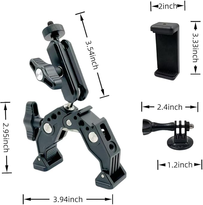 Super Clamp with 3” 360°Dual Ballhead Magic Arm, Cold Shoe, 1/4” Threads Mount Adapter for Phone, Action Camera, Desk Tripod, Tube, Gimbal, Compatible with SmallRig, GoPro, DJI Model ST83,13–65mm
