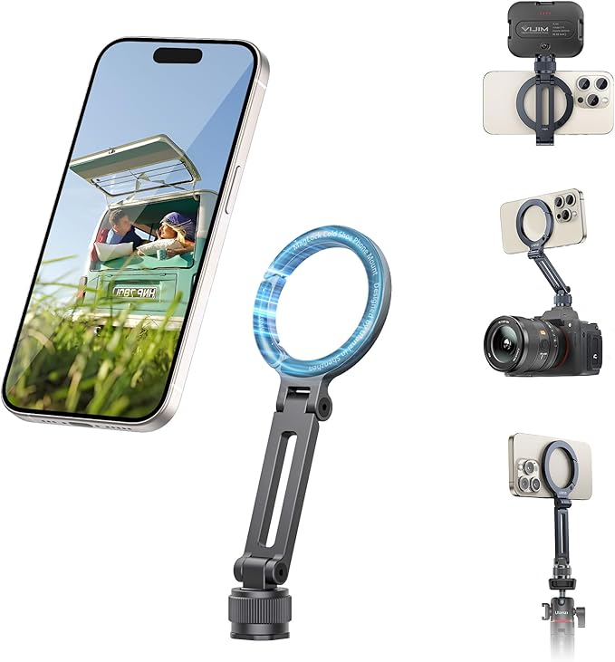 ULANZI Magnetic Phone Tripod Mount for MagSafe, Aluminum Camera Phone Holder with 1/4" Screw & Cold Shoe,Carabiner Design, Compatible with iPhone 17/16/15/14/13/12 Series