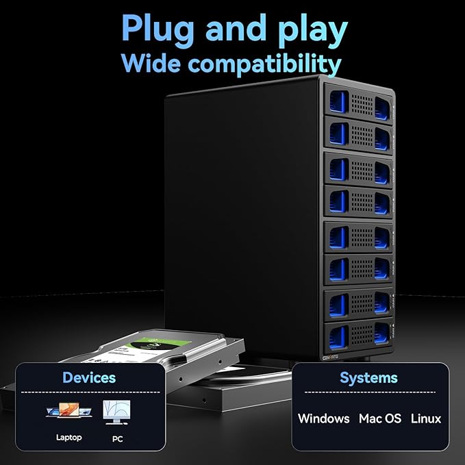 CENMATE 8 Bay Hard Drive Enclosure with Cooling Fan for 2.5/3.5" SATA HDD/SSD with USB A/C 3.0 Cable, 3.5 Hard Drive Enclosure Supports 160TB Capacity, Tool-Free HDD Enclosure, DAS(NO RAID/NAS)