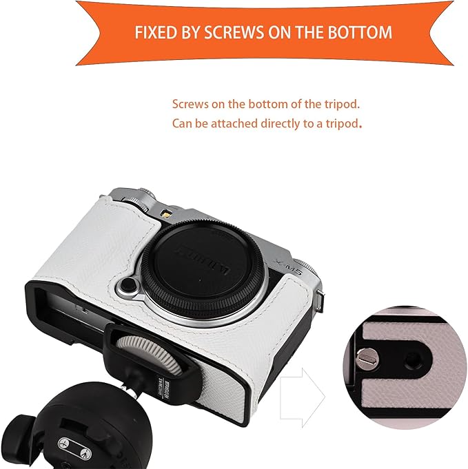 Uchandmade Handmade Genuine Leather Camera Half Case for Fujifilm X-M5/Fujifilm X-M5 Camera Case/Fujifilm X-M5 Case - Top Layer Cowhide Body + Metal Base Plate (White)