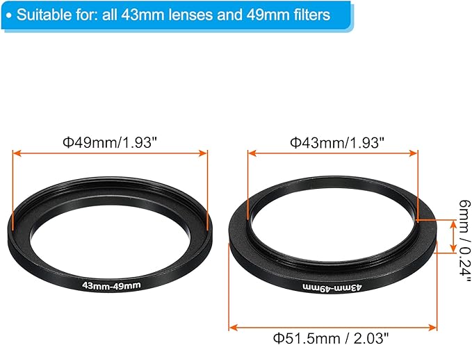 PATIKIL 43mm-49mm Metal Step Up Ring, 2 Pack Camera Lens Filter Adapter Ring Aluminum Filter Adapter Ring for Camera Lenses Hood, Black
