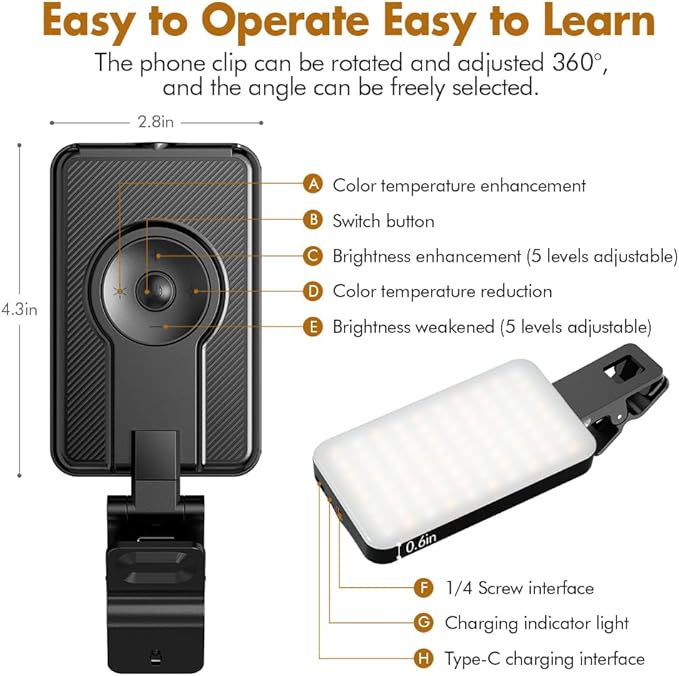 Selfie Light for iPhone,Portable Phone Clip on Light,Rechargeable LED Ring Light for Phone,Video Recording,Camera,Laptop,TikTok,Tablet,Vlog,Computer,5 Lighting Modes,80 LED High Power
