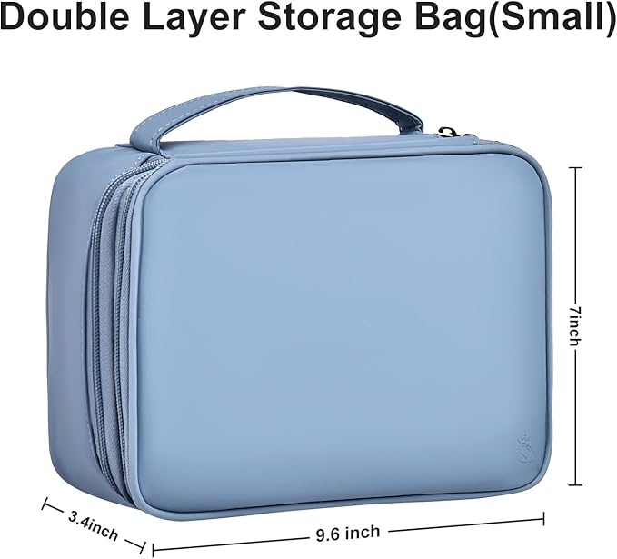 Double Layer Leather Cable Organizer Bag Large Capacity Waterproof Tech Organizer Case for Travel Electronics Accessories Storage Case with Adjustable Divider(Gray&Blue, Double Layer-Small)