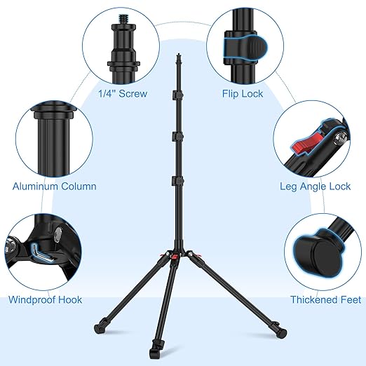 Anautin Extendable Light Stand Photography, 6.6ft/2m Light Tripod Stand for Travel, 13lb/6kg Heavy Duty Studio Lighting Stand for Continue Output Lighting, Flash, Strobe, Webcams, Camera, Softbox