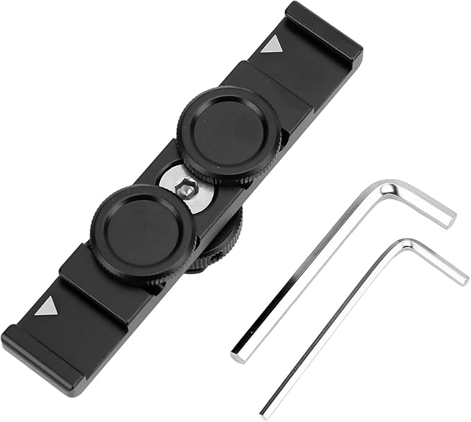 Dual Cold Shoe Extension Mount, Camera Extension Bar with Safety Lock, Aluminum Alloy Bracket for Monitor Microphone Flash Light, 1/4in Threaded Hole for Tripod Grip Handle