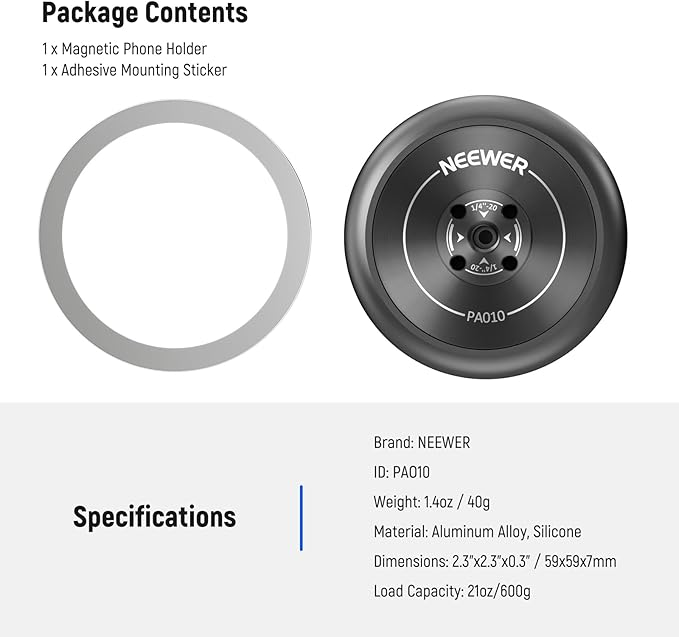 NEEWER Magnetic Phone Tripod Mount Adapter with Adhesive Magnetic Ring Compatible with MagSafe iPhone 15 Pro Max 15 Plus 14 13 12, 1/4" Thread for iPhone Video Recording Selfie Stick Ring Light, PA010