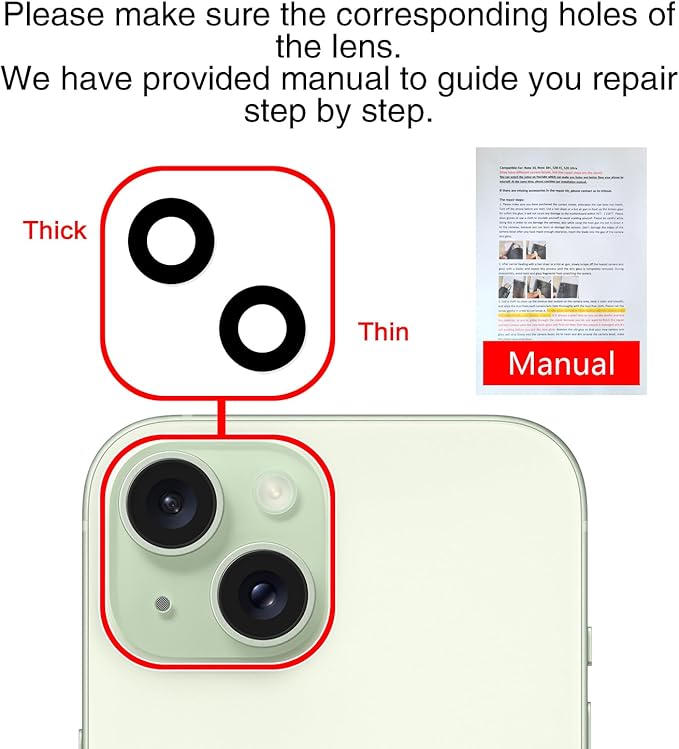 2PCS ASDAWN Back Rear Camera Lens Glass Replacement for iPhone 15 6.1-inch and 15 Plus 6.7-inch with Pre-Installed Adhesive, Back Lens Glass with Installation Manual + Repair Tool Set