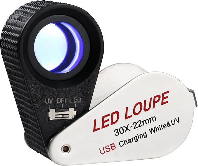 30x Jewelers Loupe Magnifier with UV & LED Lights, 22mm Triplet Lens Rechargeable Jewelers Loupe Foldable Jewelry Magnifier Portable Jewelry Magnifier Inspection Loupe for Gems, Jewelry, Coins, Rocks