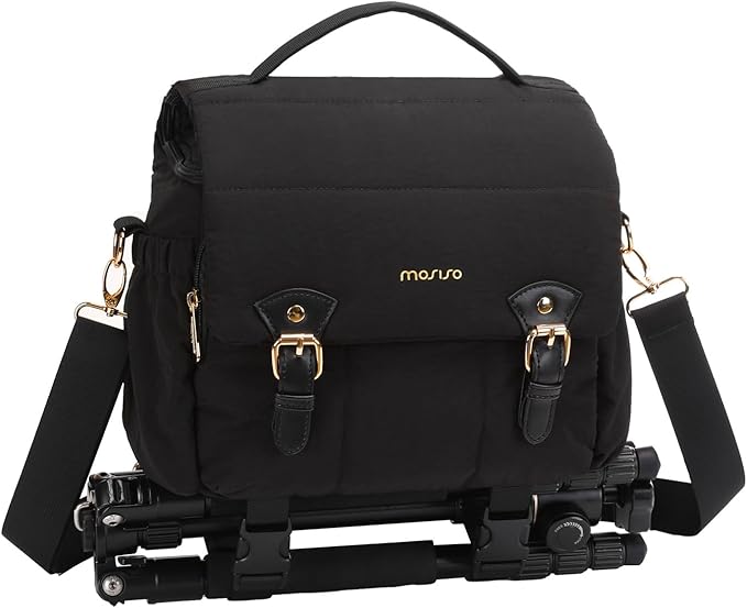 MOSISO Small Camera Bag for Photographers, Puffy Camera Shoulder Bag for DSLR/SLR Cameras, Padded Flap Crossbody Photography Handbag for Women with Tripod Holder&Rain Cover for Canon/Nikon/Sony, Black