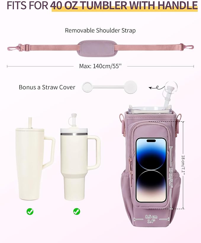 sportsnew Birthday Gifts for Women Personalized Initial Water Bottle Holder with Strap fits most 40oz Tumbler with Handle Water Bottle Carrier Bag with Phone Pocket & Straw Topper Tumbler Accessories