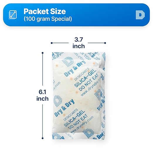 Dry & Dry Orange Indicating(Orange to Dark Green) Mixed Silica Gel Packets - Food Safe Rechargeable Silica Desiccants Gel Packs - 5 Packs (100 Gram)