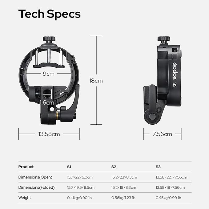 GODOX S3 Speedlite Bracket, 𝐆𝐨𝐝𝐨𝐱 𝐒𝟐 𝐔𝐩𝐠𝐫𝐚𝐝𝐞, Adjustment Angle±90°,Umbrella Hole, Bowens Mount Holder for Godox AD200Pro II AD300Pro II AD400Pro II V1 V100 V1Pro AD300Pro AD100Pro etc.