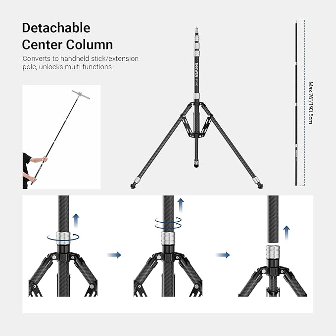 NEEWER Carbon Fiber Tripod Stand w Reversible Legs, 35"-102" Portable Lightweight Photography Light Stand for Strobe Softbox Ring Light Action Cam DSLR Streaming Recording, 6.6lb/3kg Max Load, ST260C