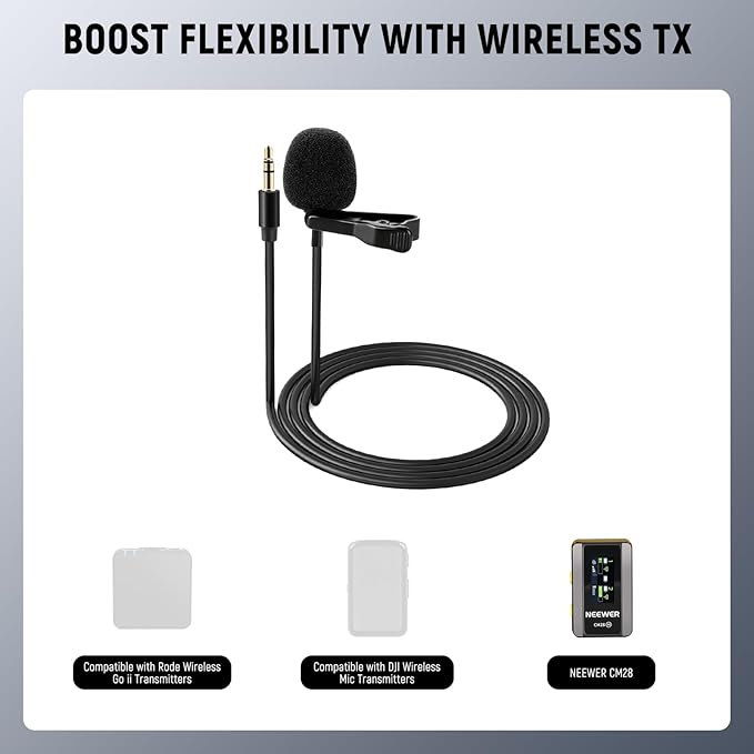 NEEWER CM5 Lav Mic (2 Pack), 3.9ft/1.2m Wired Clip On Lavalier Lapel Omnidirectional Condenser 3.5mm TRS Mini Microphone Compatible with Camera Rode Wireless GO II 2 DJI Transmitter, 1x Cleaning Cloth