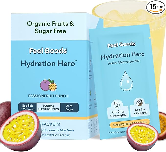 Feel Goods Hydration Hero, Sugar-Free Electrolyte Powder Packets for Daily Hydration - Electrolytes Drink Mix with Magnesium, Potassium & Vitamins for Fasting & Energy - Keto, Vegan & Organic Flavors