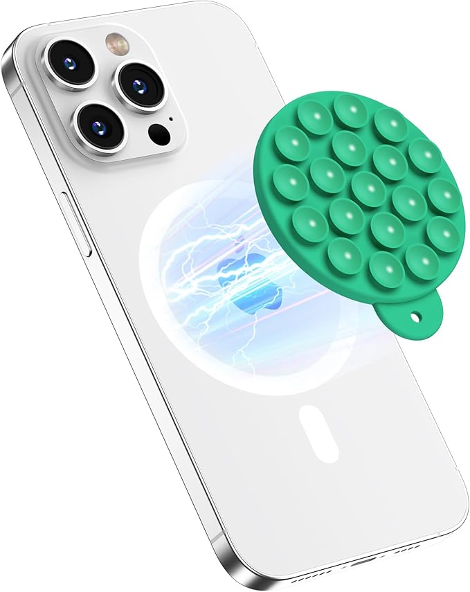 Magnetic Suction Cup Phone Mount, Compatible with MagSafe, Silicone Octo Cup Buddy Sticky Grip Holder for iPhone and Android, Removable Hands-Free Selfie/Video for TikTok, Emerald Green