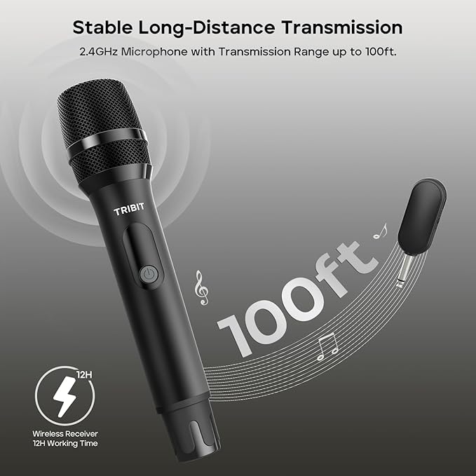 Tribit Wireless Microphone, Dual Handheld Cordless Dynamic Mic System with 2.4GHz Rechargeable Receiver, 40H Battery Life, Plug and Play for Karaoke, Party, Wedding, DJ, Church, Speech, Meeting