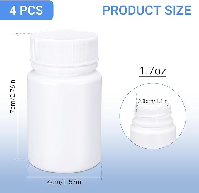 UMETASS White Pill Bottle, Empty Medicine Bottles with Screw Caps for Pills Capsules Vitamins, Food Grade Plastic Medicine Containers with Labels for Travel (1.7oz/50ml, 4 Pcs)