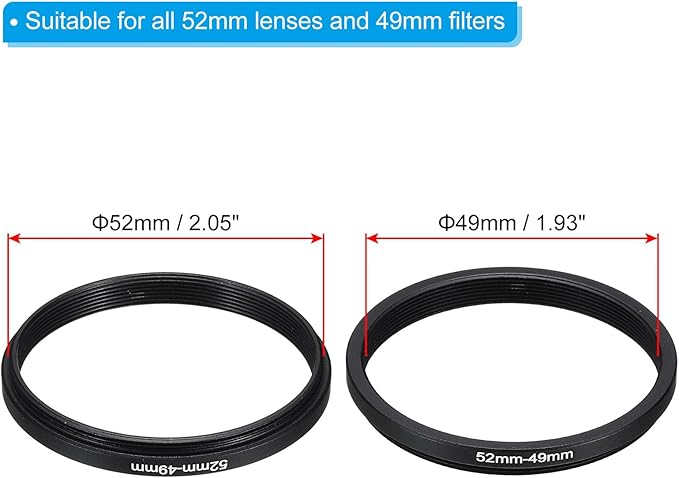 PATIKIL 52mm-49mm Metal Step Down Ring with Cleaning Cloth, 2 Pack Camera Lens Filter Adapter Ring Aluminum Filter Adapter Ring for Camera Lenses Hood, Black
