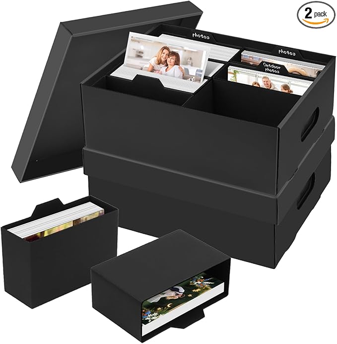 ATPWONZ 2 PCS Photo Storage Box for 5"x7" Photos, with 16 Inner Picture Boxes, 15“ x 10.3“ x 6.1“ Photo Organizer Box, Portable Scrapbook Photo Boxes with Lid, for Photo Stickers Stamps Seeds(Black)