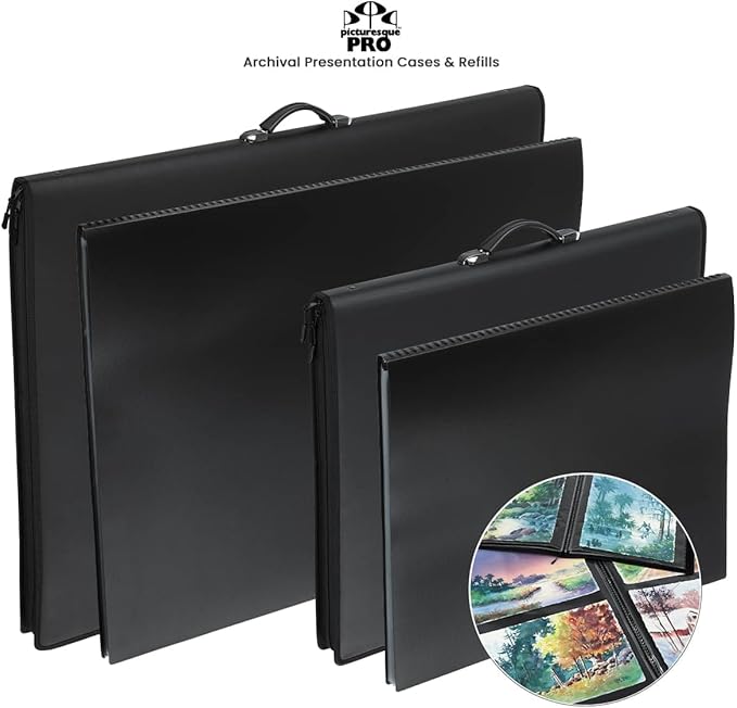 Picturesque Pro Presentation Case- Professional Art Portfolio Folder for Artwork up to 18x24- Vegan Leather Zippered Case, Archival Storage Solution w/Removable Spiral-Bound Book of 20 Clear Sleeves