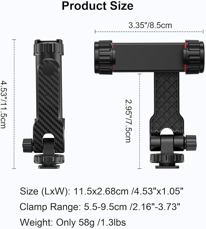 Phone Tripod Mount iPhone Holder for Tripod, Universal Smartphone Mount Adapter with 2 Cold Shoes, 360° Rotate Adjustable Cellphone Clip Clamp Holder for iPhone Android Camera