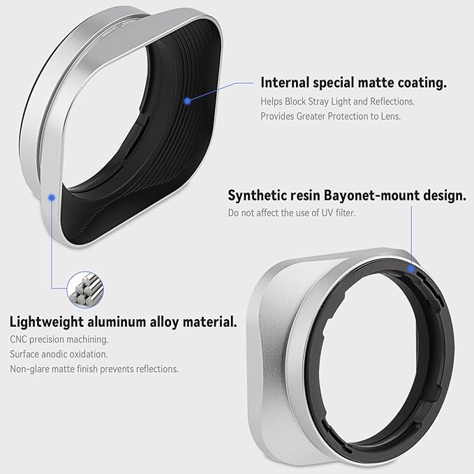 Haoge Bayonet Square Metal Lens Hood for Fujifilm Fuji Fujinon XF 50mm F2 R WR Lens Silver LH-X50W, on XPro3 X-T50 XT5 X-T4 X-T30 X-T3 X-E4 X-A5 X-A20 X-E3 X-H2