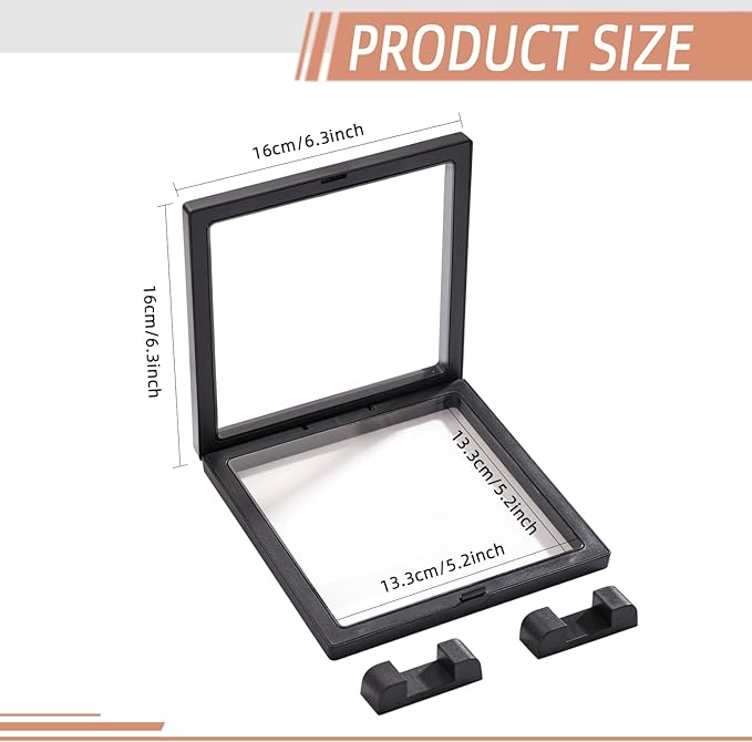 3PCS 3D Transparent Floating Frame with Stand, Challenge Coin Display Holder, Floating Display Case for Jewelry, Medals, Specimens, Small Items, Fossils Rocks,6.3 x 6.3 inch