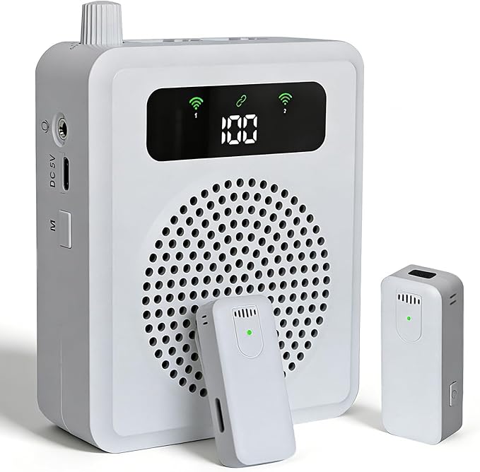 Wireless Voice Amplifier with Lavalier Microphones, Portable Voice Amplifier, Microphone with Speaker, Mini Megaphone with Clip on/Lapel Mic Teacher Microphone for Classroom Speech (White)
