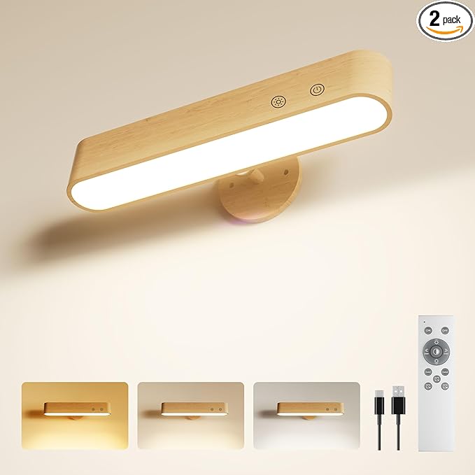 7500 mAh Rechargeable Wood Wall Sconce for Bedroom, LED Wall Light with Remote Control and Touch, 360° Magnetic Rotation, 3 Colours, Dimmable Wooden LED Wall Lamp with 15 RGB Colors,1 Pack