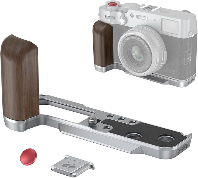 SMALLRIG X100VI / X100V Handgrip, Wooden L-Shape Grip for FUJIFILM X100VI / X100V Camera, Built-in Quick Release Plate for Arca, with Shutter Button and Hot Shoe Cover, Silver - 4804