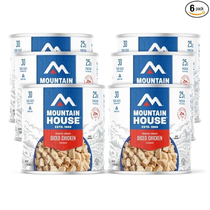 Mountain House Freeze-Dried Cooked Diced Chicken #10 Can – 14 Servings per Can – Dairy-Free & Gluten-Free Emergency Survival Canned Food for Camping, Hiking & Backpacking – Long-Term Storage Meal – 30-Year Taste Guarantee – Pack of 6 – Made in USA