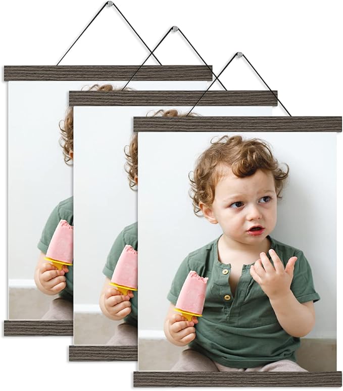 YK artwood 3 Pack Magnetic Poster Hanger Brown, 12x18 12x16 12x24 Poster Frame Wood Wooden Magnet Print Posters Dowel Scroll Hanger Hangers Hanging Kit for Walls Map Canvas Artwork
