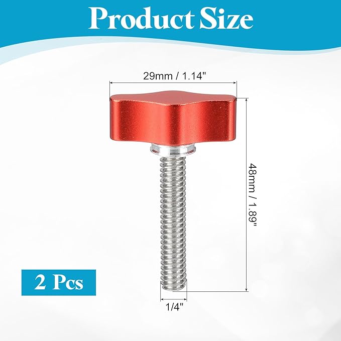 PATIKIL Clamping Screw Knob 1/4" x 1.89", 2Pcs Aluminum Alloy t Shaped Camera Thumb Screws for DSLR Flash Bracket Photography Light Stand Adapter Action Sports Camera Mounting System, Red