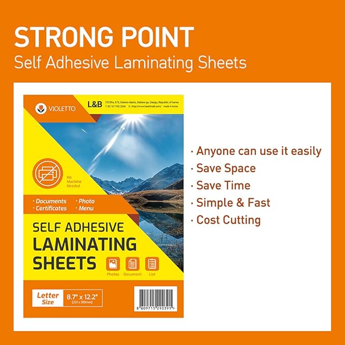 [VIOLETTO] 20 Sheets - Self Adhesive Laminating Sheets for Ultimate Protection. No Machines Needed, 4 Mil Thickness, 8.5 x 11 Inches. Effortless, Durable & Perfect for Documents & Photos.