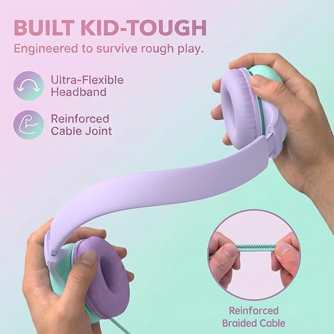 Wired Kids Headphones with USB C Plug, 85dB Safe Volume, Adjustable Headband, Tangle-Free Cord Headphones for School, Tablet, Travel (Lavender & Mint Green, Without Microphone)