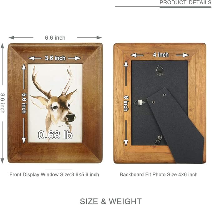 4x6 Wood Picture Frame with Glass Front,Rustic Handmade Burlywood Photo Frames for Table Top Display and Wall mounting