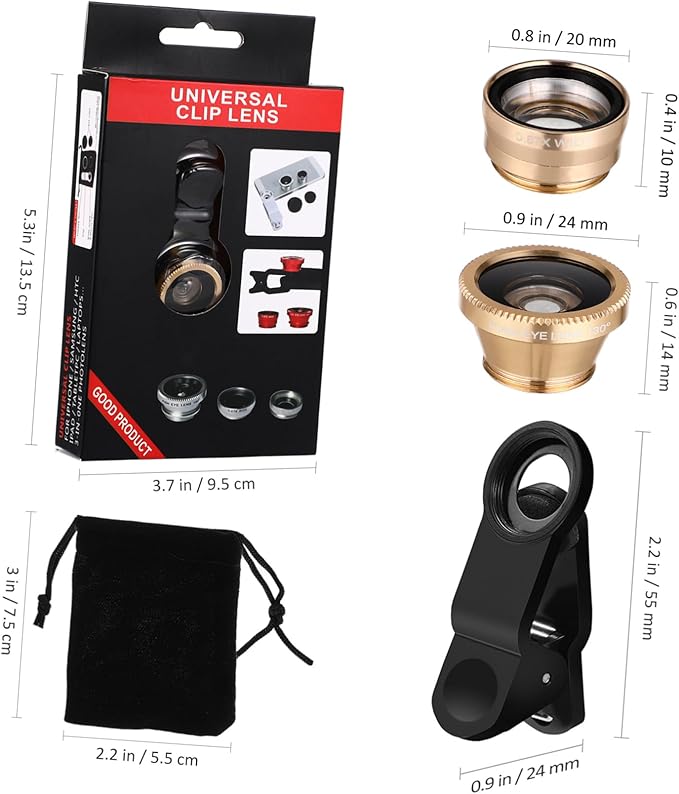 Mikikit Universal Portable Cell Phone Camera Lens Kit Super Wide Angle Macro Fisheye Clip Lens Golden Compatible Smartphones