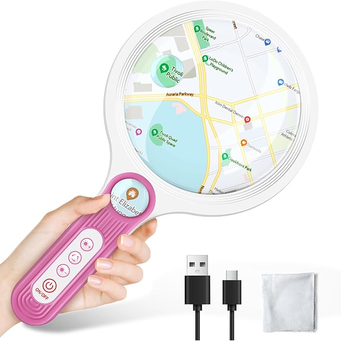GUOUBUO Rechargeable Large 5.2'' Magnifying Glass with Light, 10X 20X 45X Handheld Magnifying Glasses for Reading, 3 Lighted Modes Non-Slip Handle Magnifier for Seniors Close Work Coins Jewelry Hobby